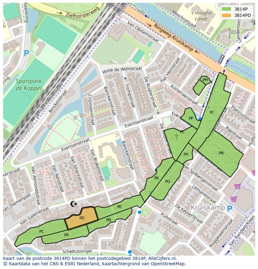 Afbeelding van het postcodegebied 3814 PD op de kaart.