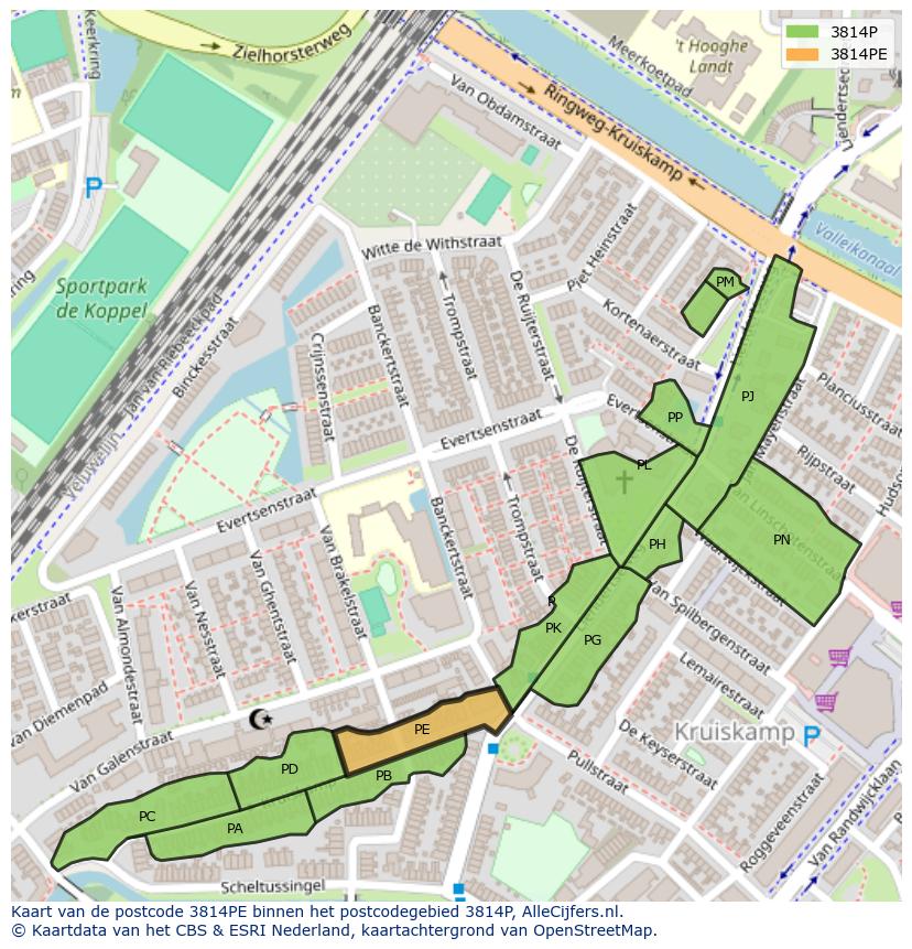 Afbeelding van het postcodegebied 3814 PE op de kaart.