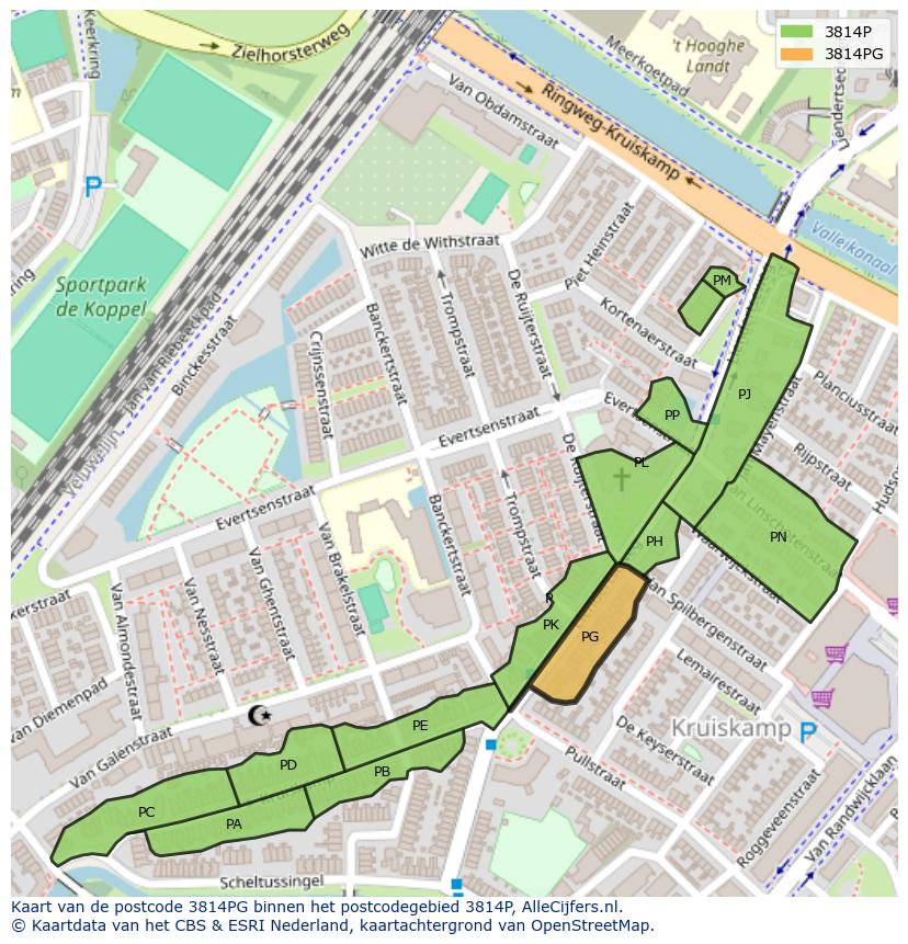 Afbeelding van het postcodegebied 3814 PG op de kaart.