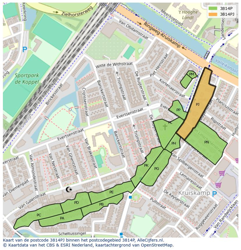 Afbeelding van het postcodegebied 3814 PJ op de kaart.