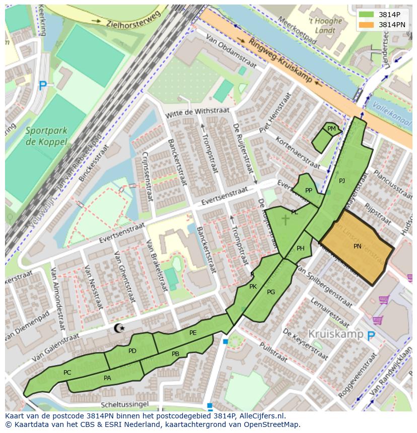 Afbeelding van het postcodegebied 3814 PN op de kaart.