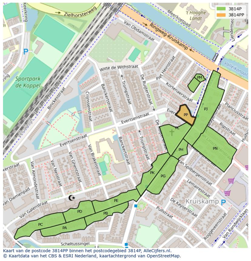 Afbeelding van het postcodegebied 3814 PP op de kaart.