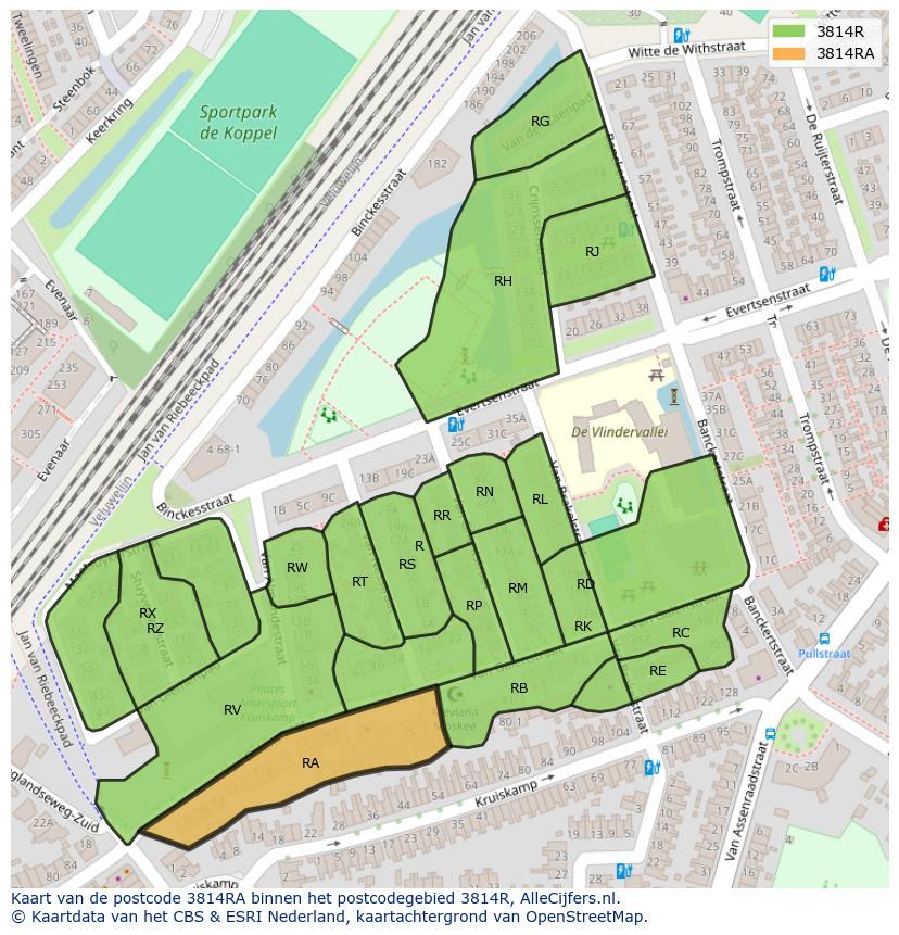 Afbeelding van het postcodegebied 3814 RA op de kaart.