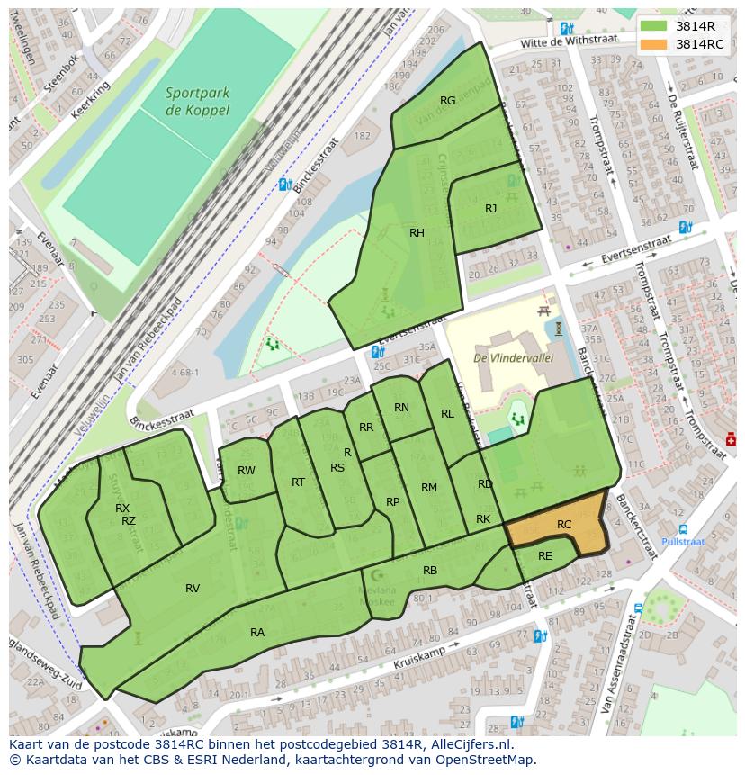 Afbeelding van het postcodegebied 3814 RC op de kaart.