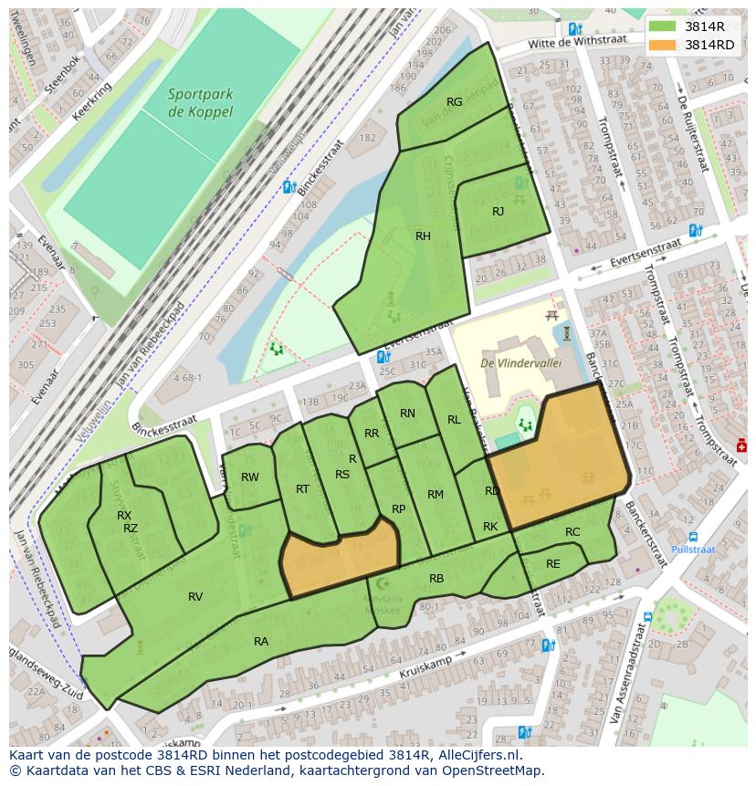 Afbeelding van het postcodegebied 3814 RD op de kaart.