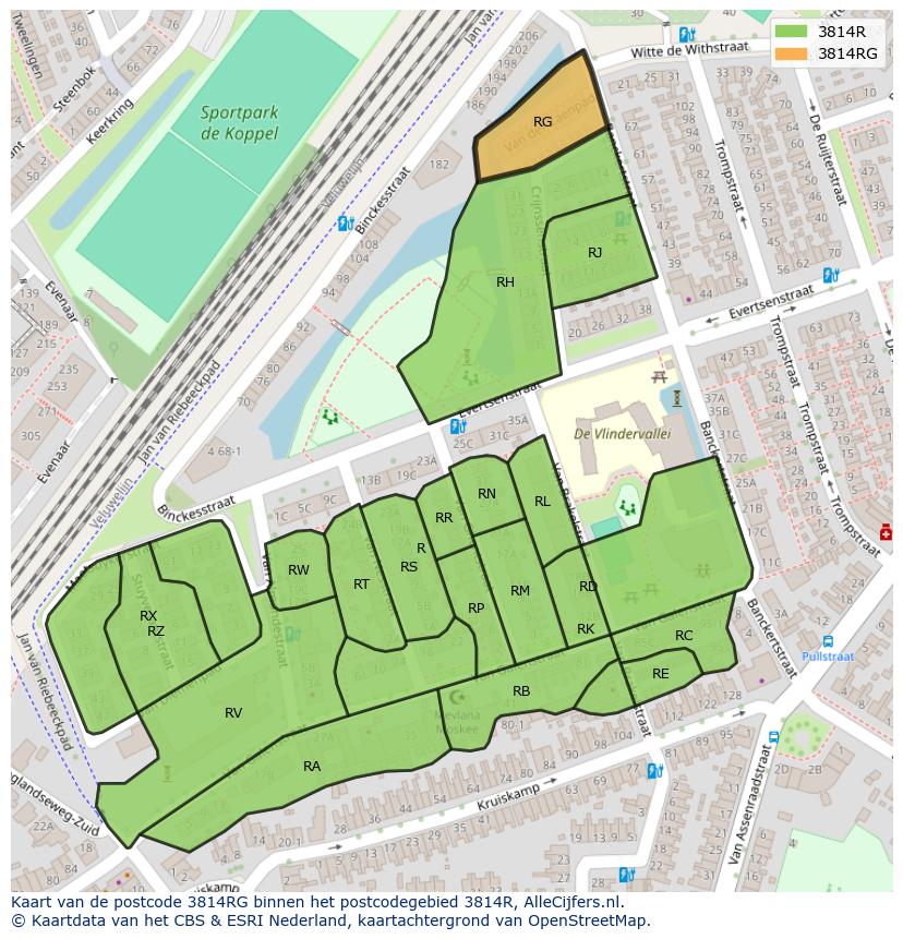 Afbeelding van het postcodegebied 3814 RG op de kaart.