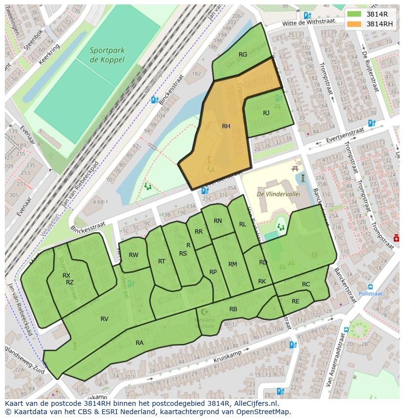 Afbeelding van het postcodegebied 3814 RH op de kaart.