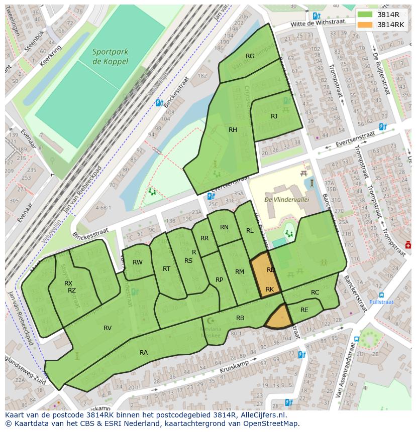 Afbeelding van het postcodegebied 3814 RK op de kaart.
