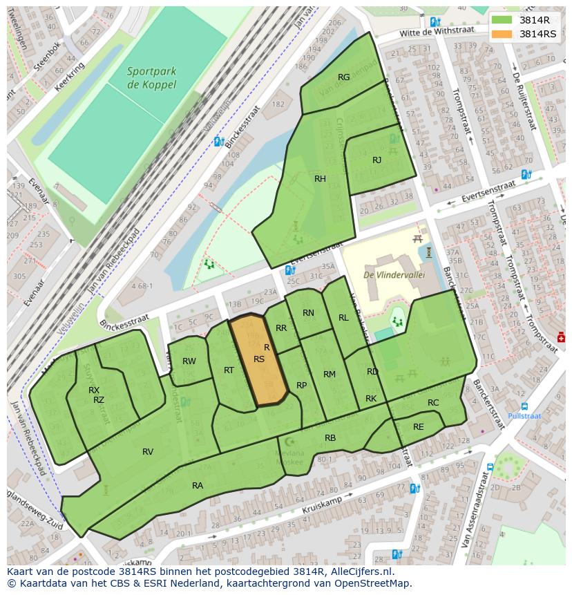 Afbeelding van het postcodegebied 3814 RS op de kaart.