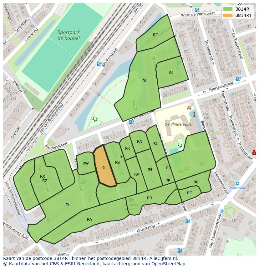 Afbeelding van het postcodegebied 3814 RT op de kaart.