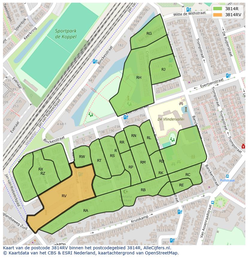 Afbeelding van het postcodegebied 3814 RV op de kaart.