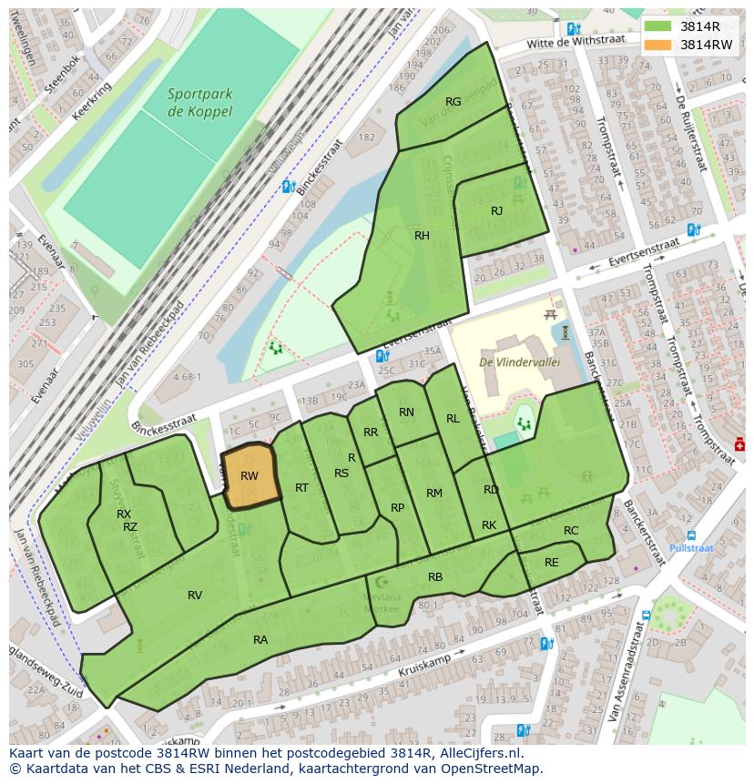 Afbeelding van het postcodegebied 3814 RW op de kaart.