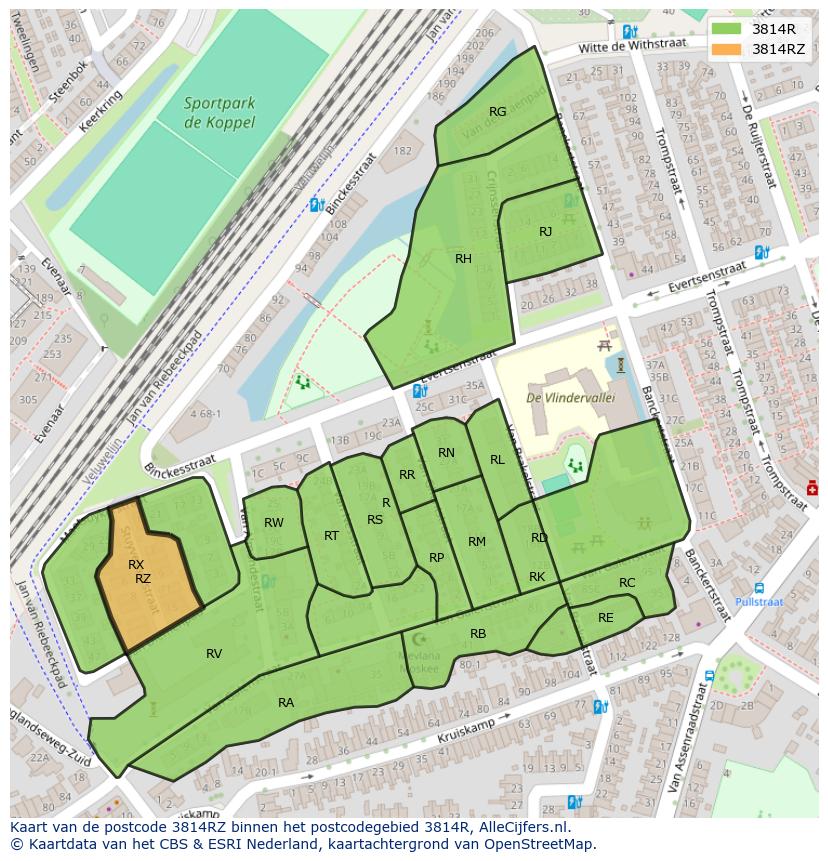 Afbeelding van het postcodegebied 3814 RZ op de kaart.