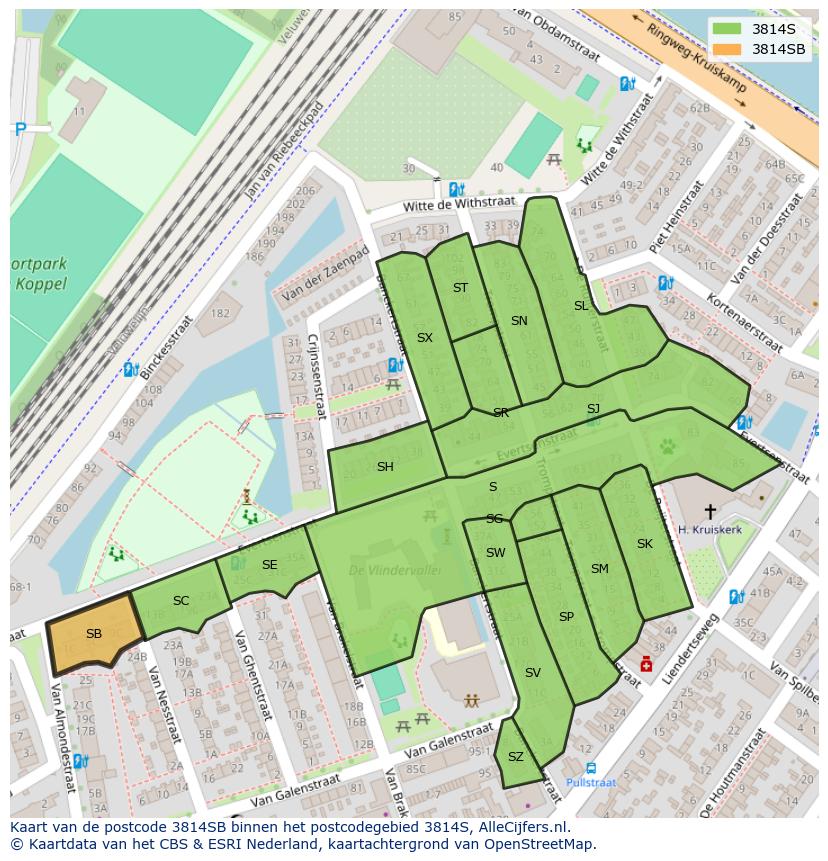 Afbeelding van het postcodegebied 3814 SB op de kaart.