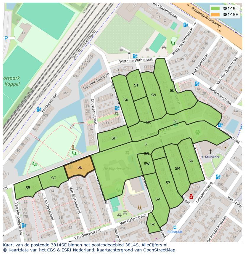 Afbeelding van het postcodegebied 3814 SE op de kaart.