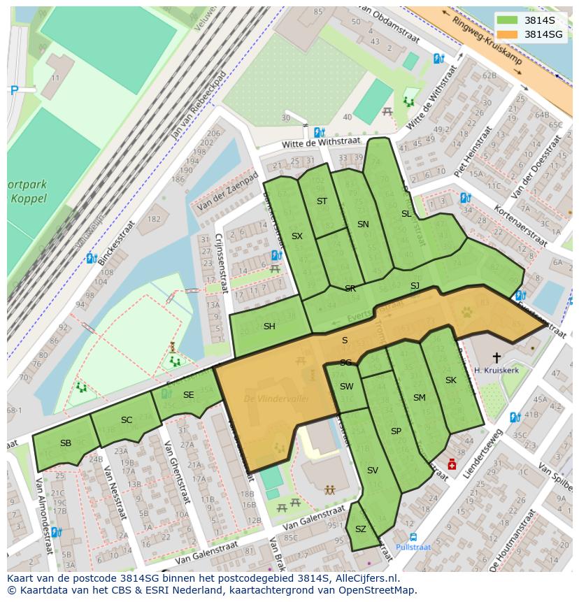 Afbeelding van het postcodegebied 3814 SG op de kaart.