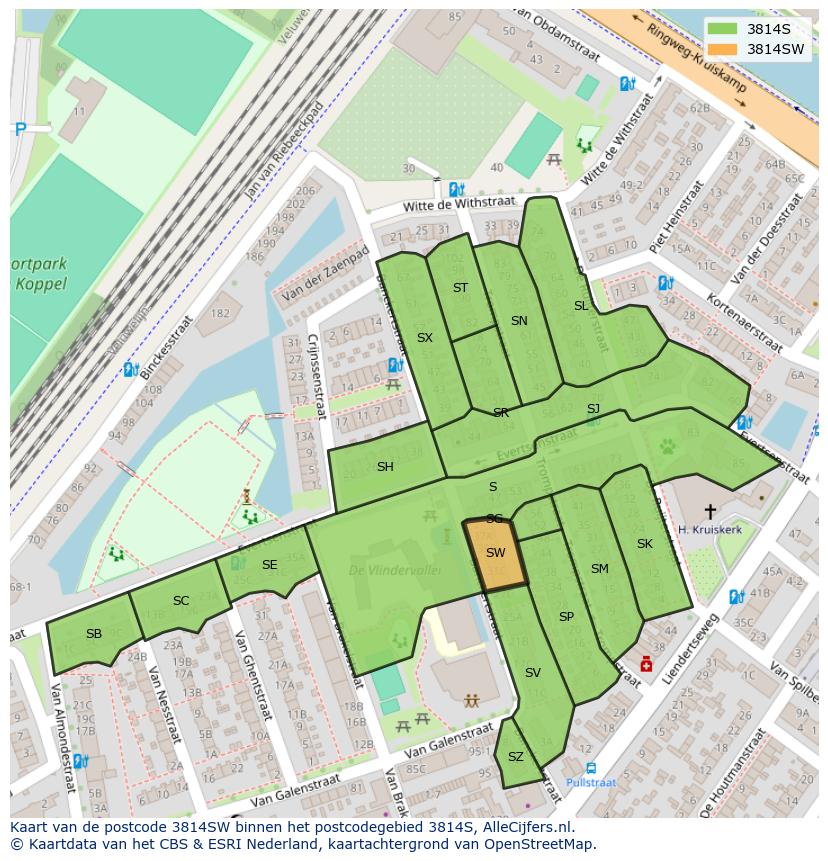 Afbeelding van het postcodegebied 3814 SW op de kaart.