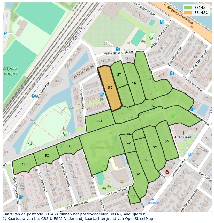 Afbeelding van het postcodegebied 3814 SX op de kaart.