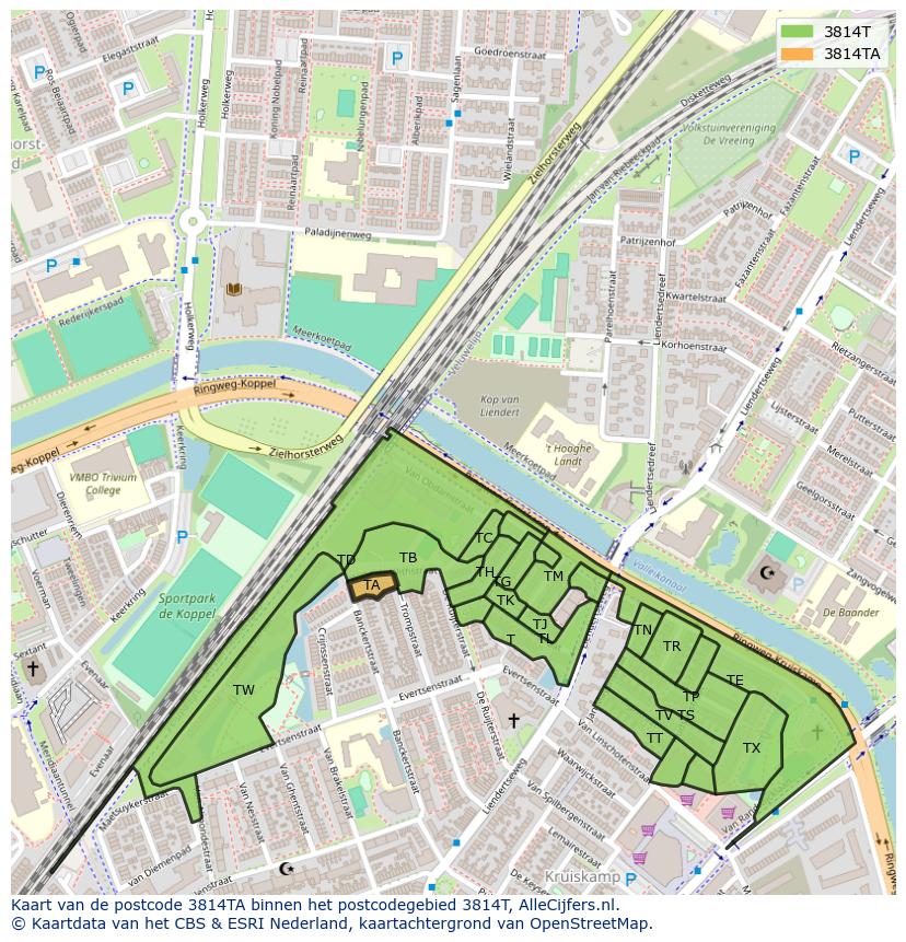 Afbeelding van het postcodegebied 3814 TA op de kaart.