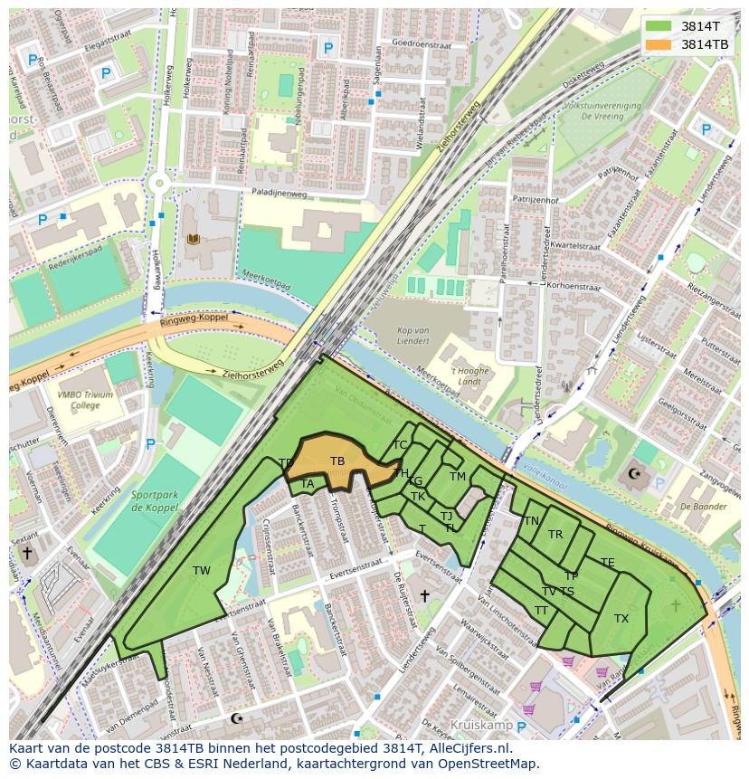 Afbeelding van het postcodegebied 3814 TB op de kaart.