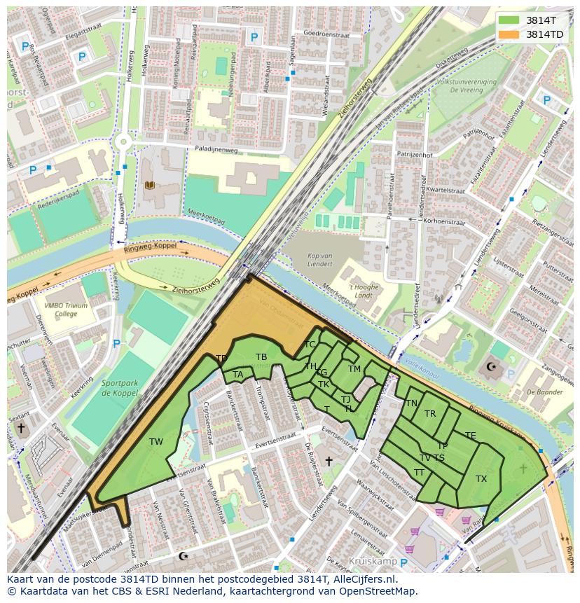 Afbeelding van het postcodegebied 3814 TD op de kaart.