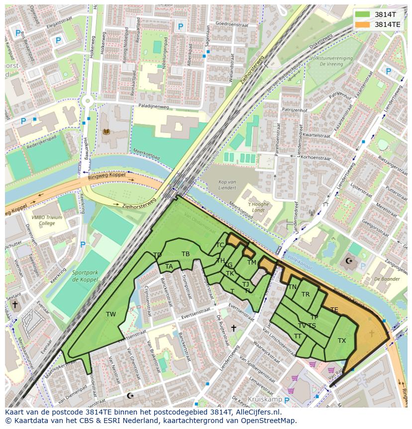 Afbeelding van het postcodegebied 3814 TE op de kaart.