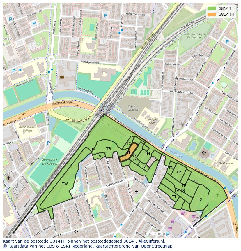 Afbeelding van het postcodegebied 3814 TH op de kaart.