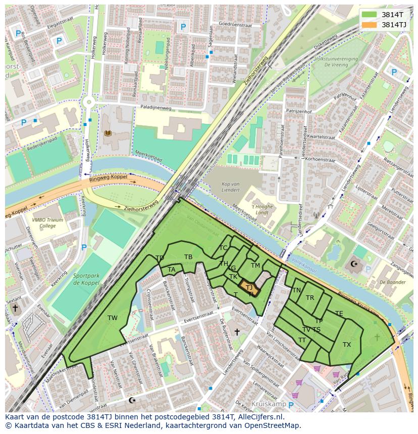 Afbeelding van het postcodegebied 3814 TJ op de kaart.