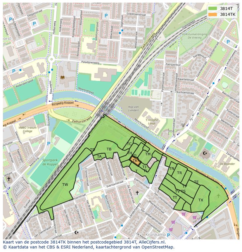 Afbeelding van het postcodegebied 3814 TK op de kaart.