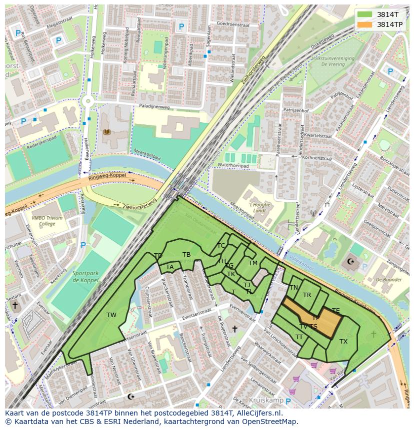 Afbeelding van het postcodegebied 3814 TP op de kaart.