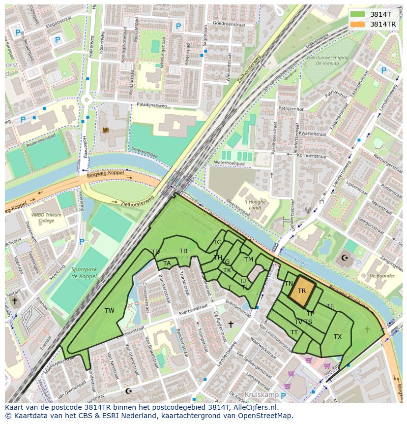 Afbeelding van het postcodegebied 3814 TR op de kaart.