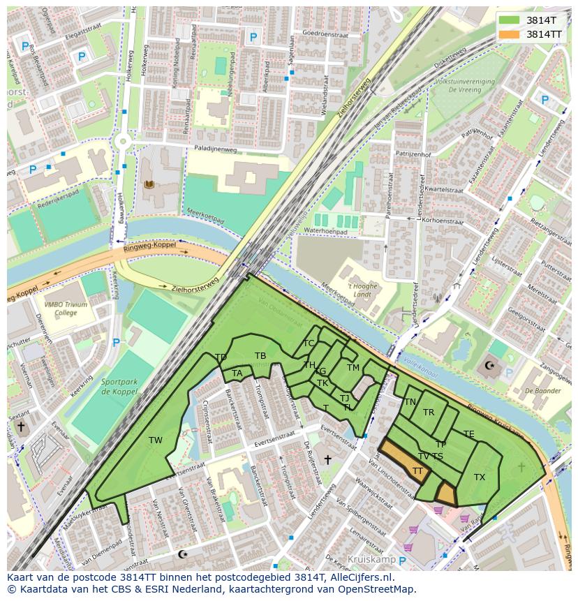 Afbeelding van het postcodegebied 3814 TT op de kaart.