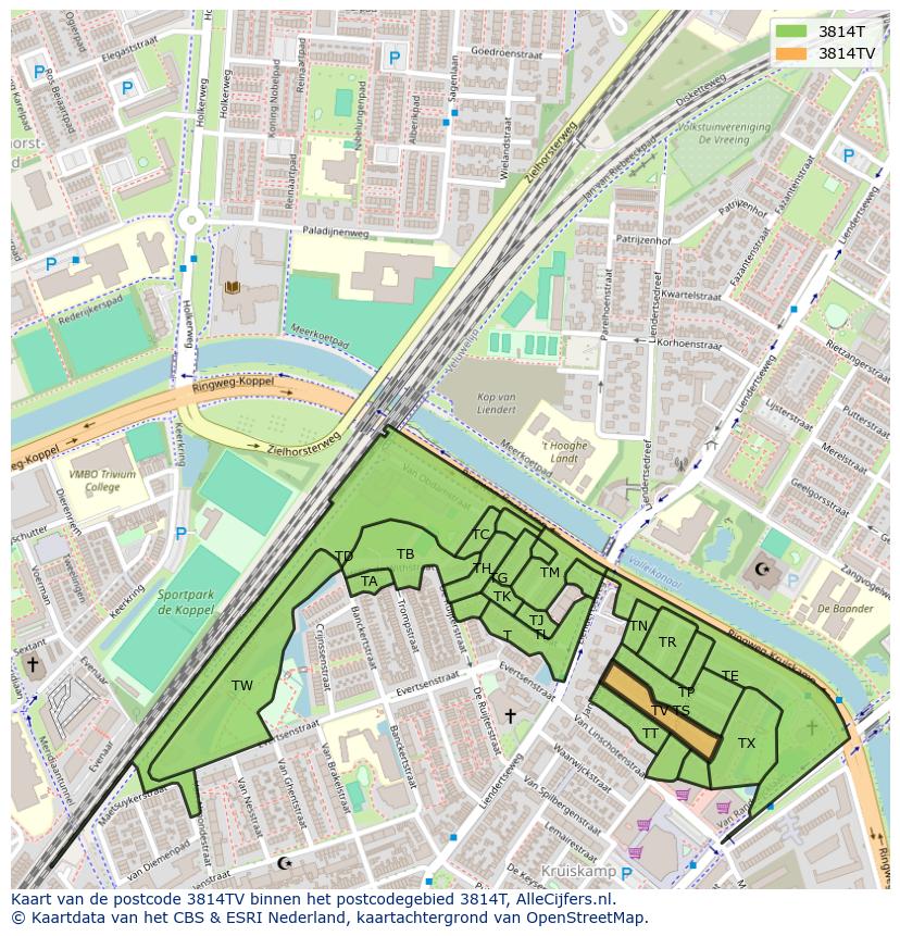 Afbeelding van het postcodegebied 3814 TV op de kaart.