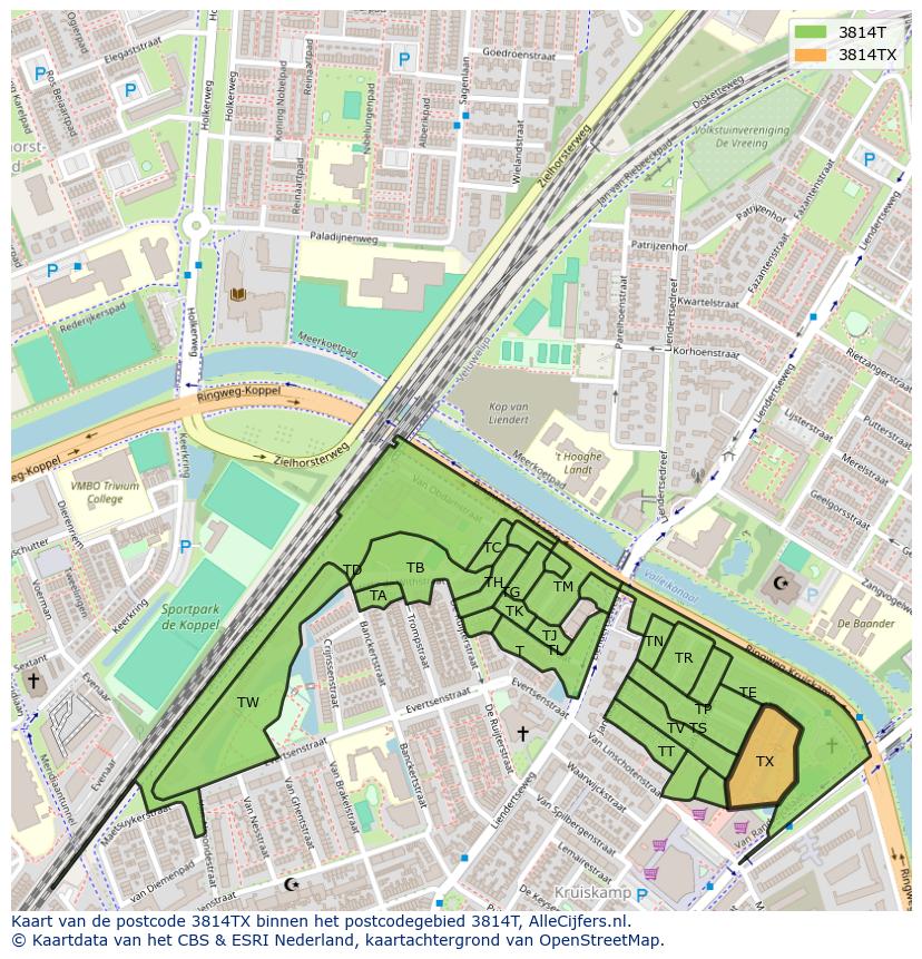 Afbeelding van het postcodegebied 3814 TX op de kaart.
