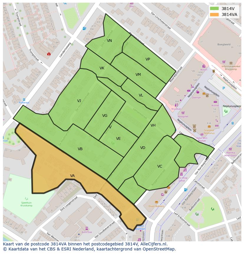 Afbeelding van het postcodegebied 3814 VA op de kaart.
