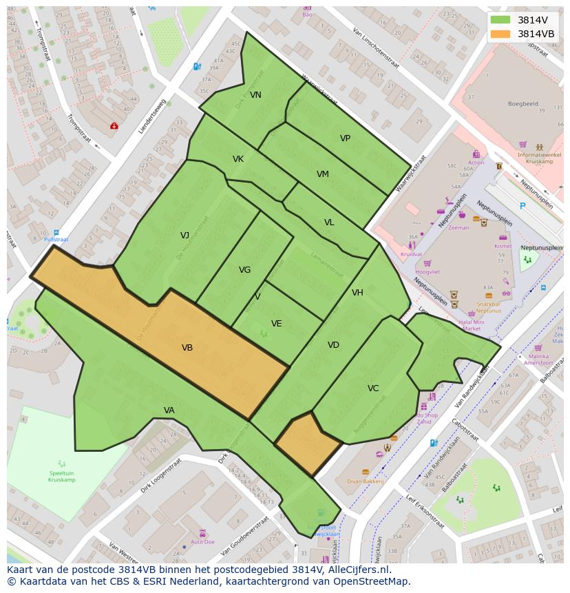 Afbeelding van het postcodegebied 3814 VB op de kaart.