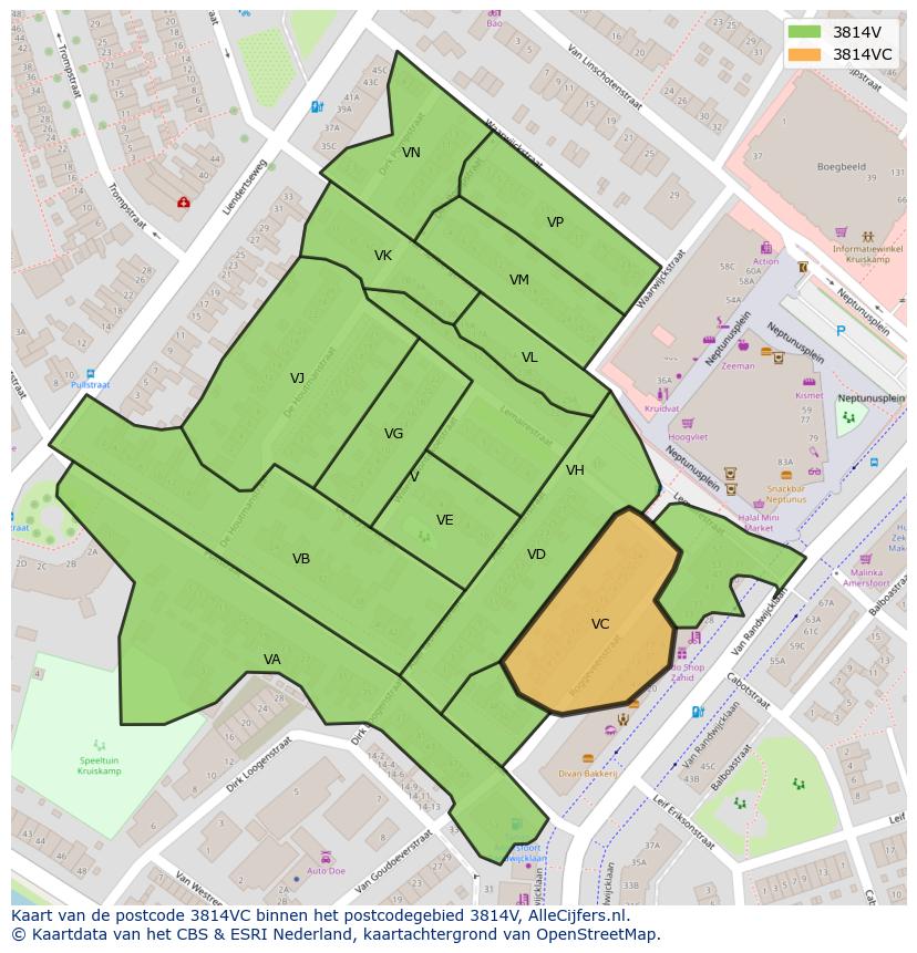 Afbeelding van het postcodegebied 3814 VC op de kaart.