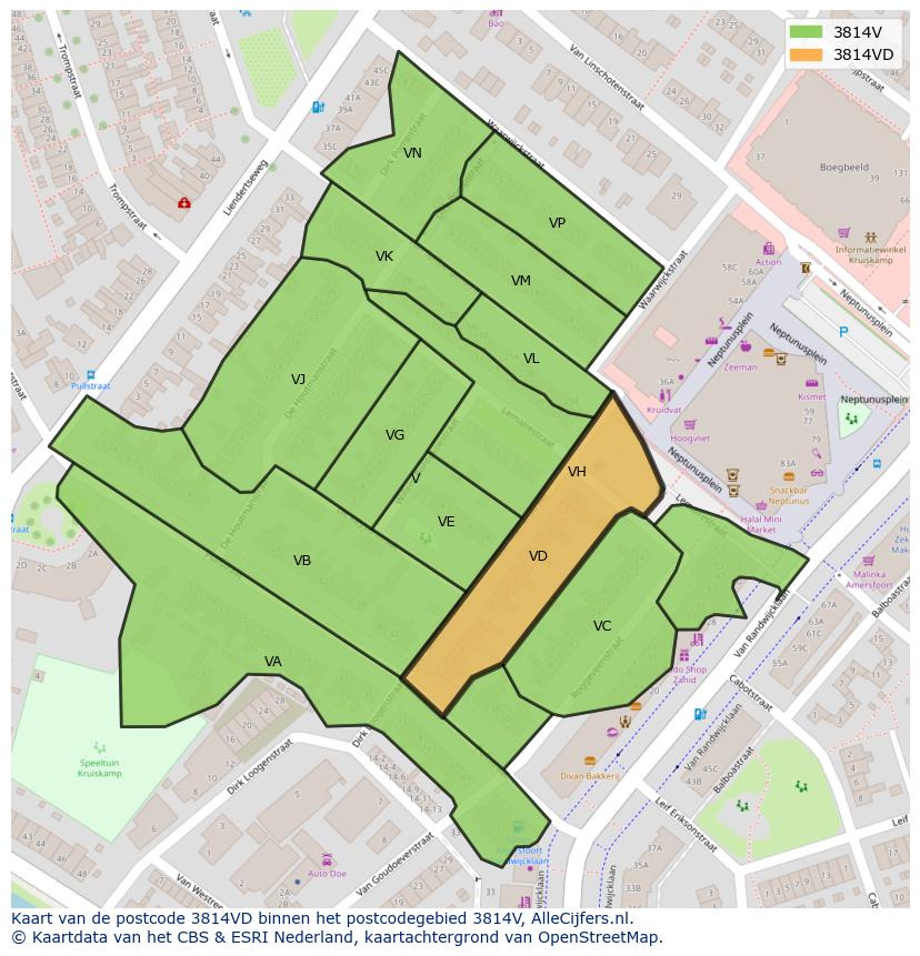Afbeelding van het postcodegebied 3814 VD op de kaart.