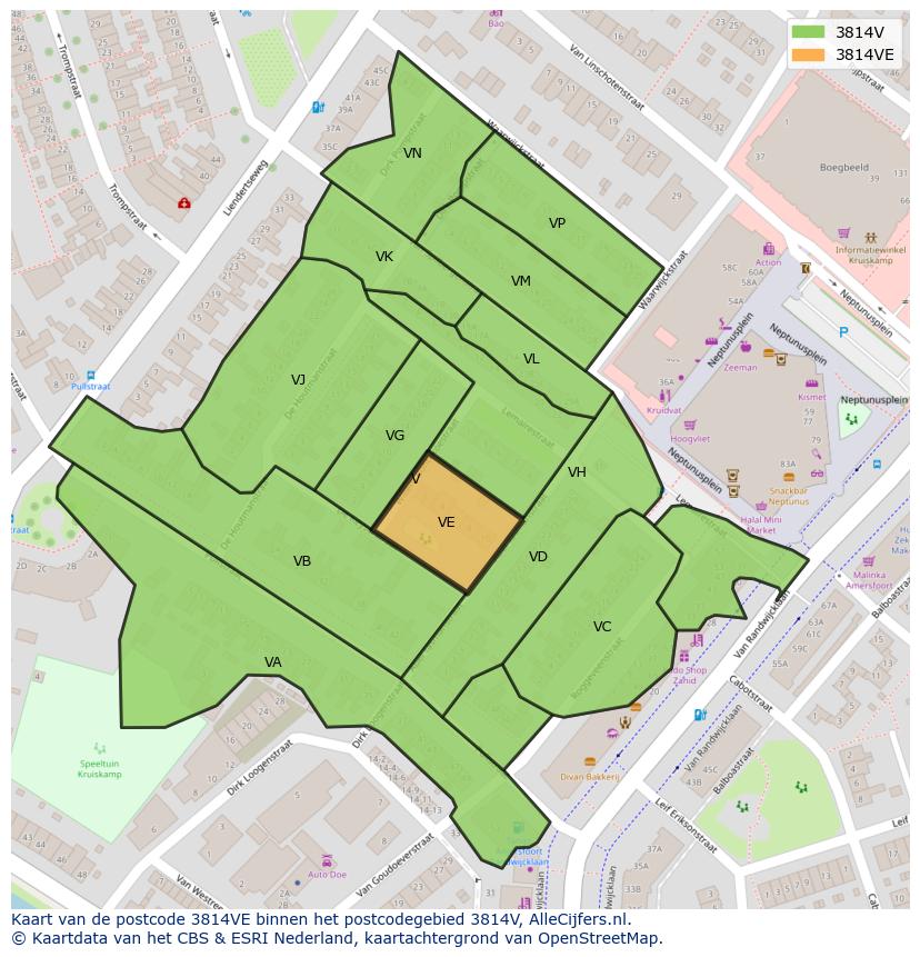 Afbeelding van het postcodegebied 3814 VE op de kaart.