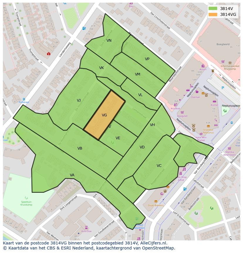 Afbeelding van het postcodegebied 3814 VG op de kaart.