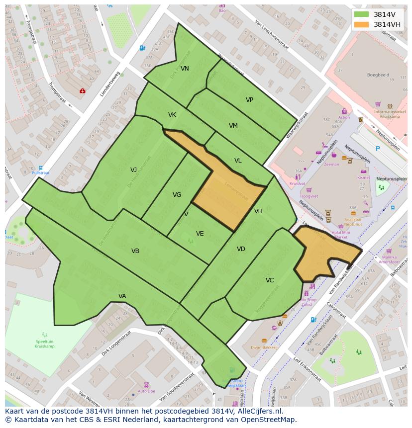 Afbeelding van het postcodegebied 3814 VH op de kaart.