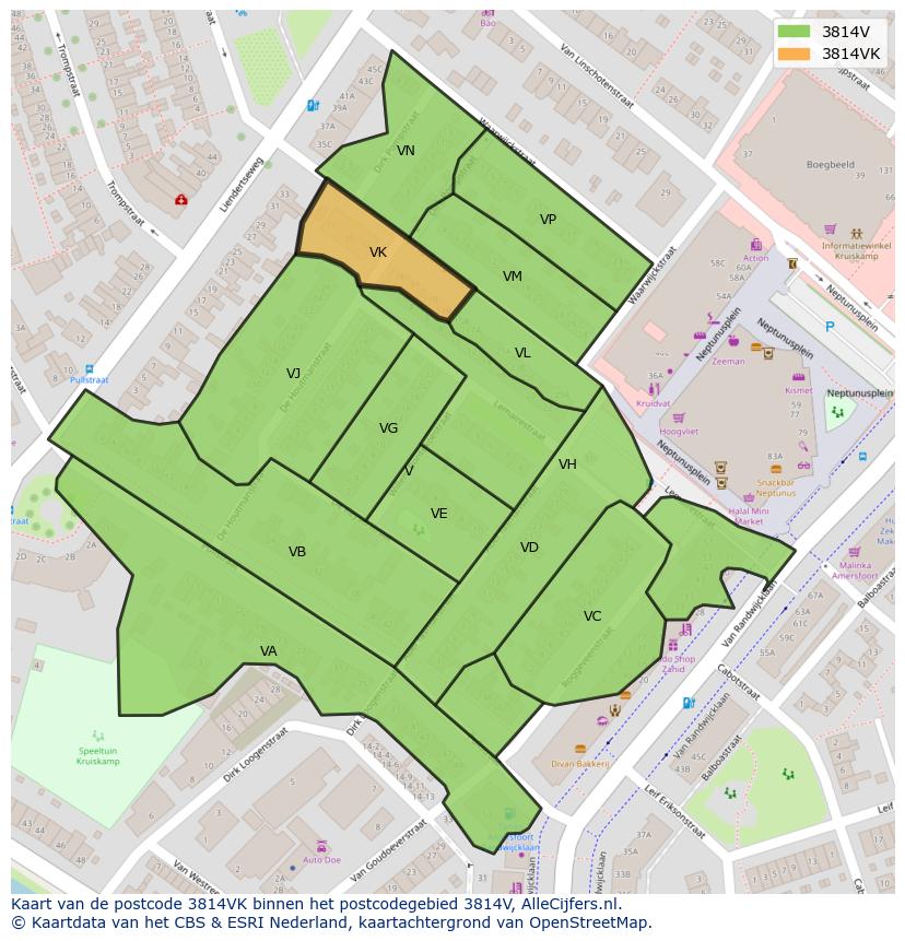 Afbeelding van het postcodegebied 3814 VK op de kaart.
