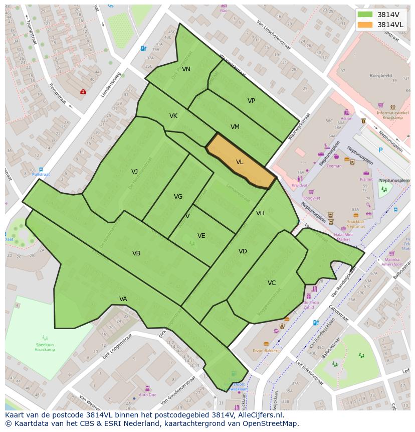 Afbeelding van het postcodegebied 3814 VL op de kaart.