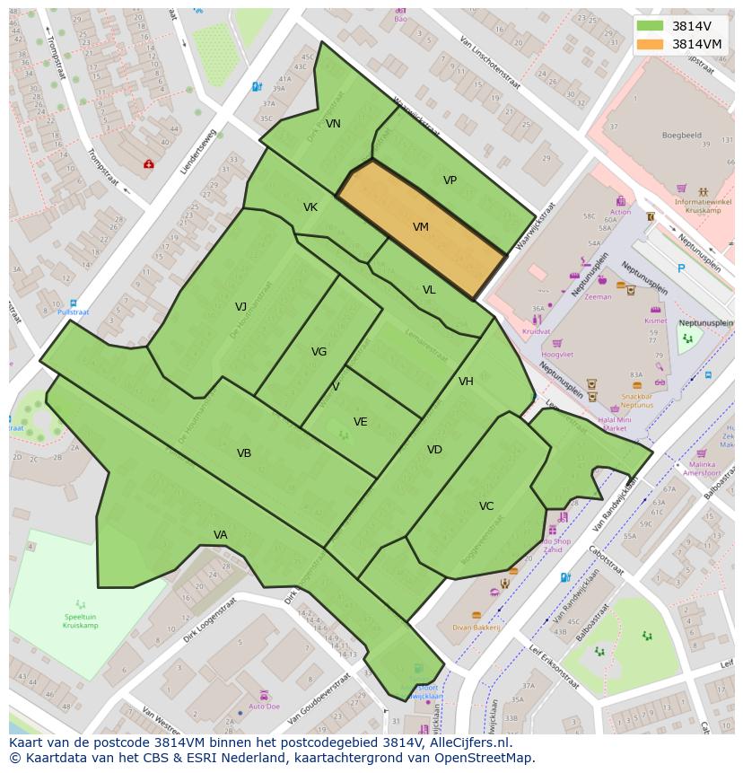 Afbeelding van het postcodegebied 3814 VM op de kaart.