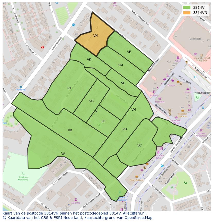 Afbeelding van het postcodegebied 3814 VN op de kaart.
