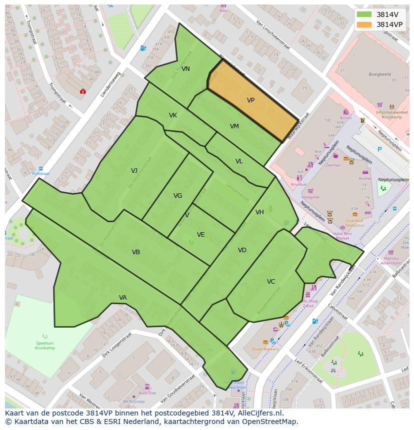Afbeelding van het postcodegebied 3814 VP op de kaart.