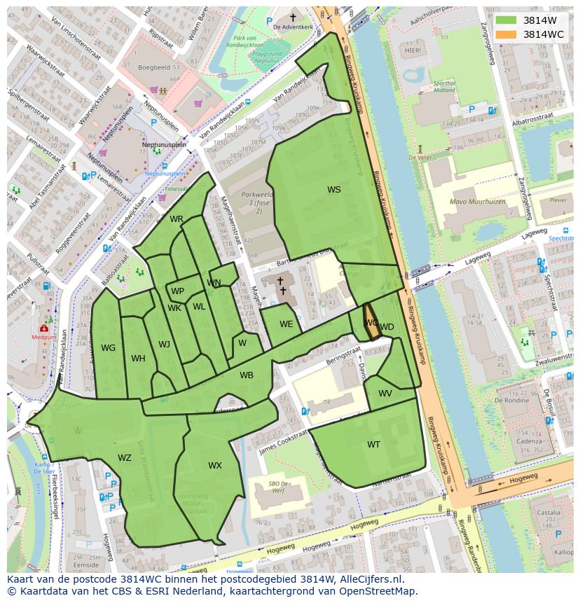 Afbeelding van het postcodegebied 3814 WC op de kaart.