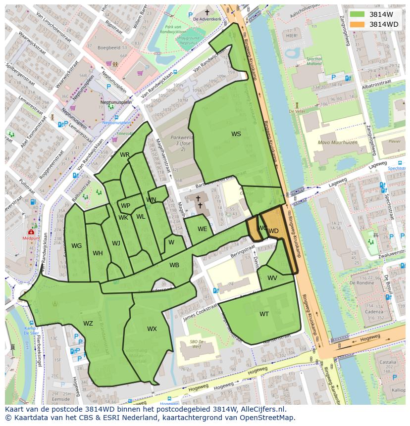 Afbeelding van het postcodegebied 3814 WD op de kaart.