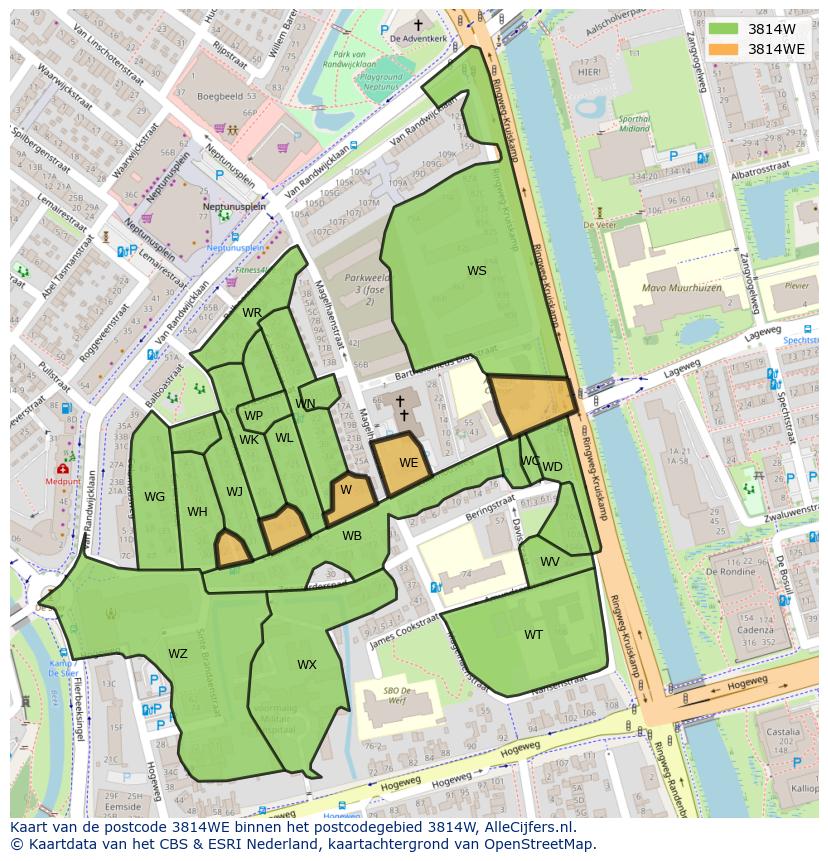 Afbeelding van het postcodegebied 3814 WE op de kaart.