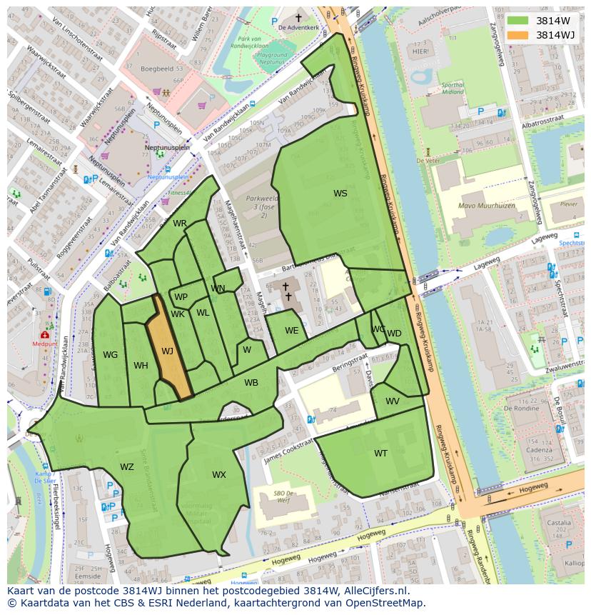 Afbeelding van het postcodegebied 3814 WJ op de kaart.